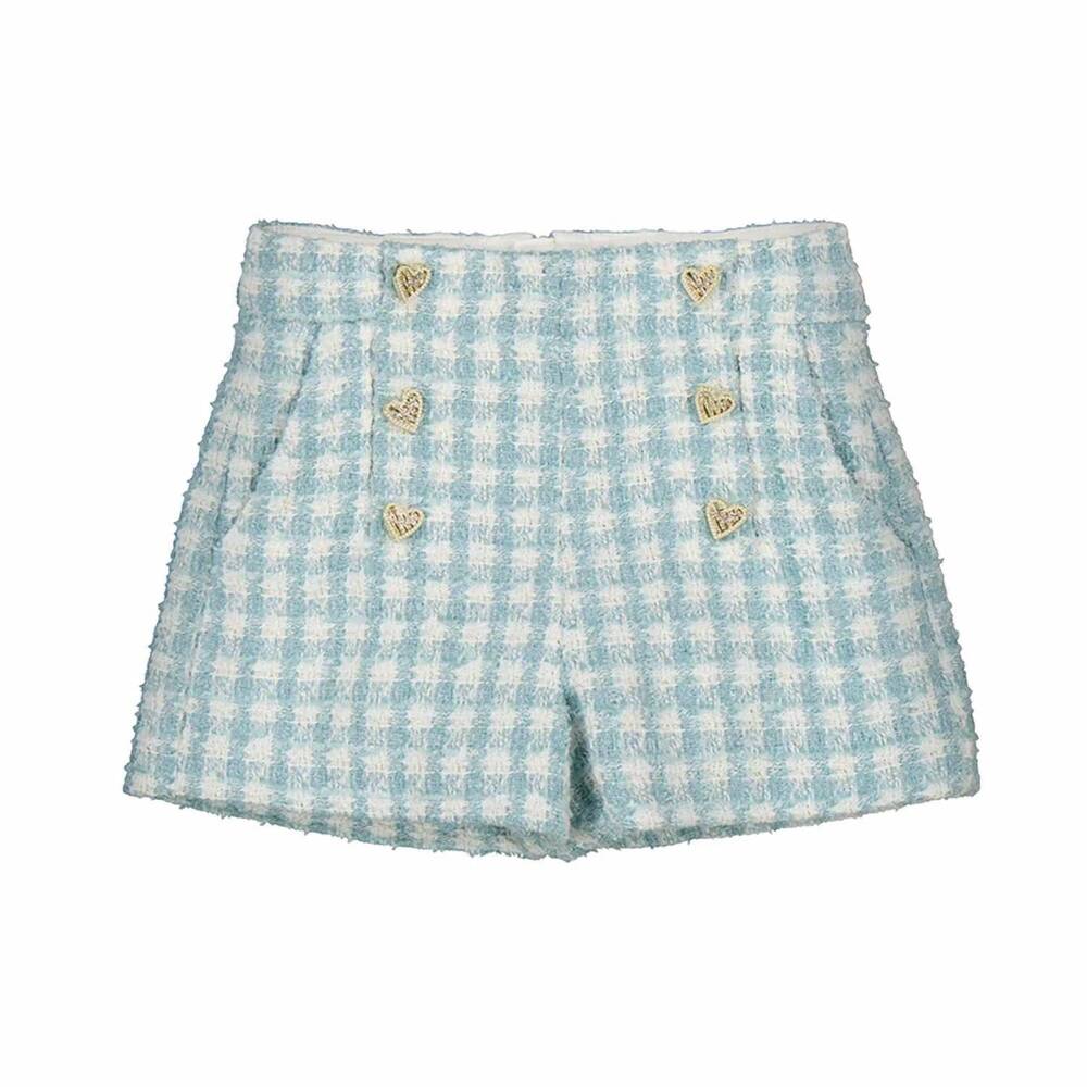 NEW ABEL & LULA girl's plaid shorts with heart buttons in aqua